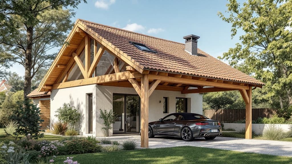 Carport en bois sur mesure avec toiture en tuiles canal, installé devant une maison toulousaine