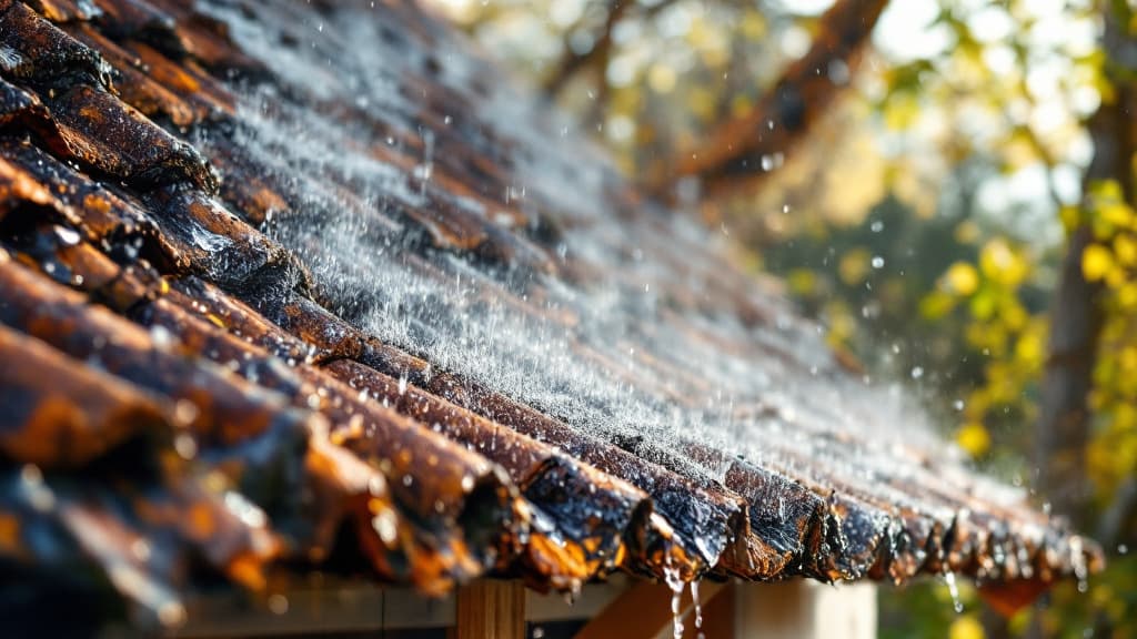 Condensation visible sur les chevrons d'une charpente en bois dans des combles mal ventilés