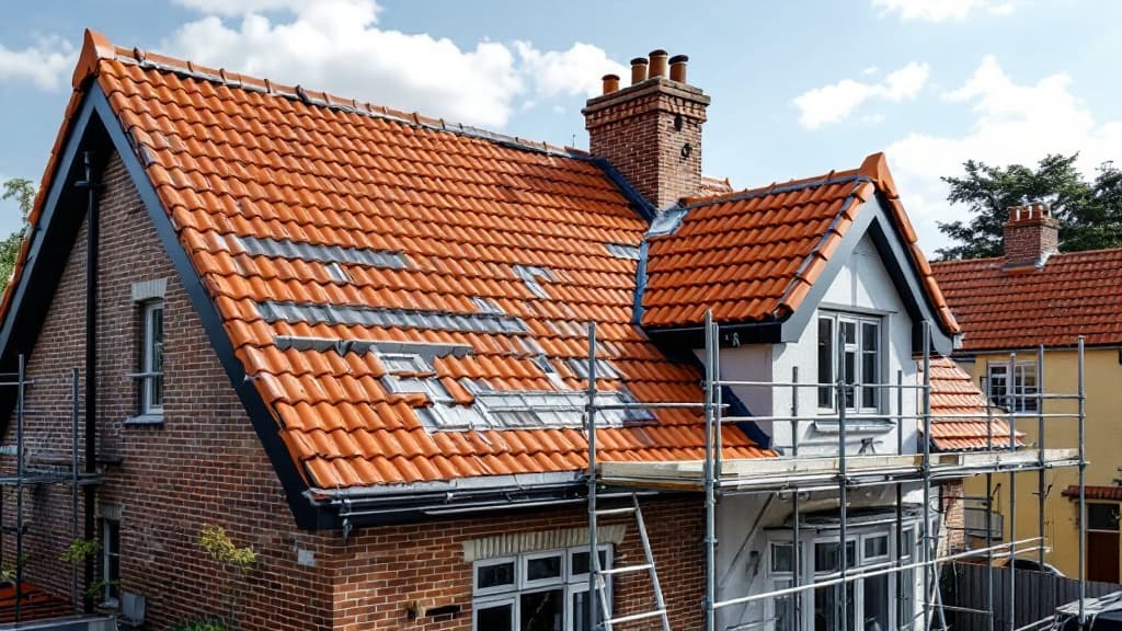 Toiture en cours de rénovation complète avec échafaudage sur une maison près de Toulouse