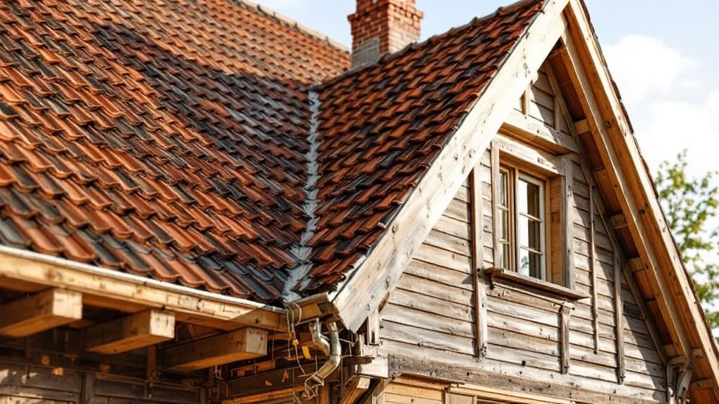 Toiture en tuiles canal couverte de mousse verte avant démoussage à Toulouse