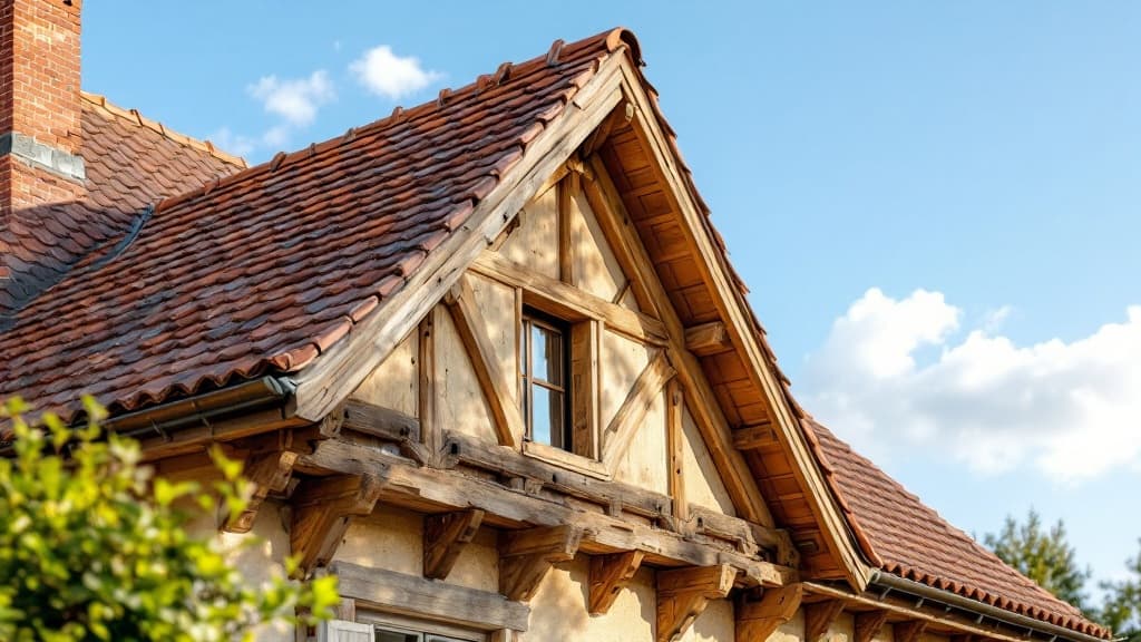 Charpente en bois traditionnelle vue depuis l'intérieur d'un comble, avec solives apparentes en chêne massif
