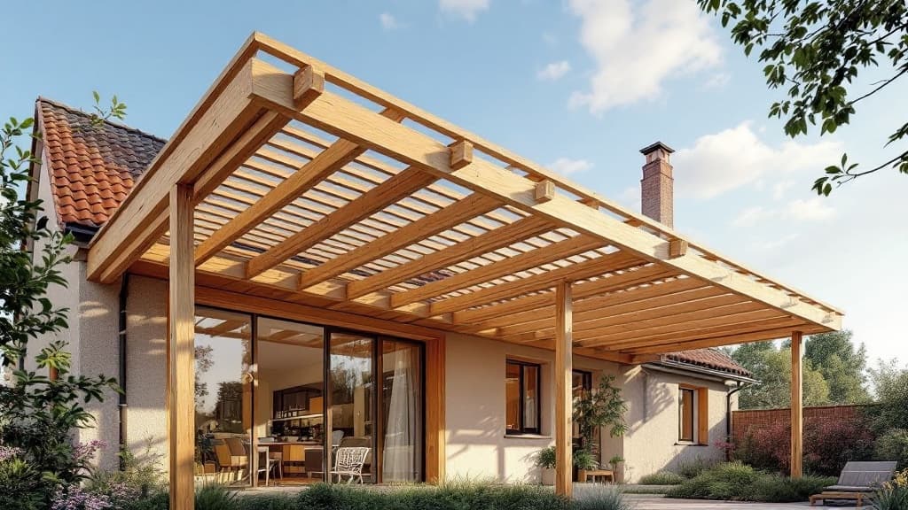 Pergola bioclimatique en bois avec lames orientables sur une terrasse ensoleillée en Haute-Garonne