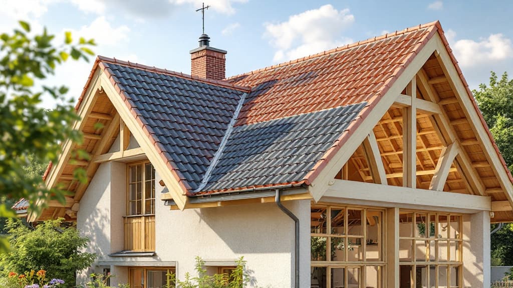 Surélévation d'une maison en cours de construction avec charpente apparente et vue sur toiture
