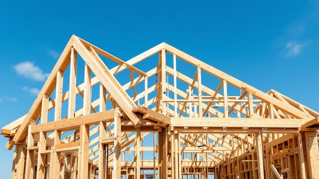 Charpente en bois neuve fraîchement posée sur une construction