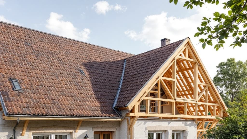 Travaux d'isolation de toiture en cours sur une maison toulousaine, laine de verre posée entre les chevrons