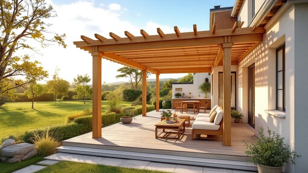Pergola en bois sur mesure adossée à une maison toulousaine en brique, ombrageant une terrasse