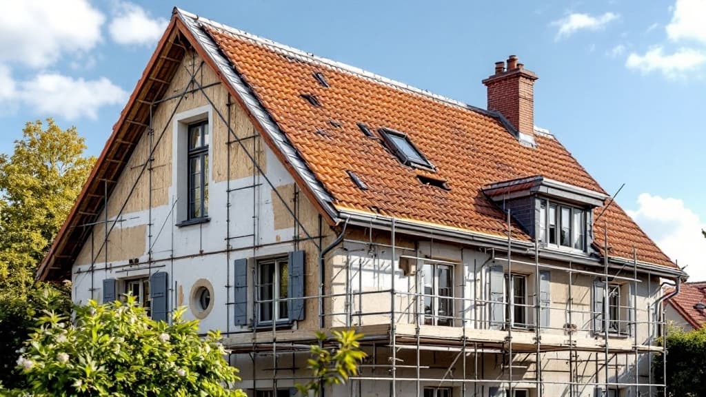 Couvreur posant des tuiles neuves sur une toiture en réfection près de Toulouse
