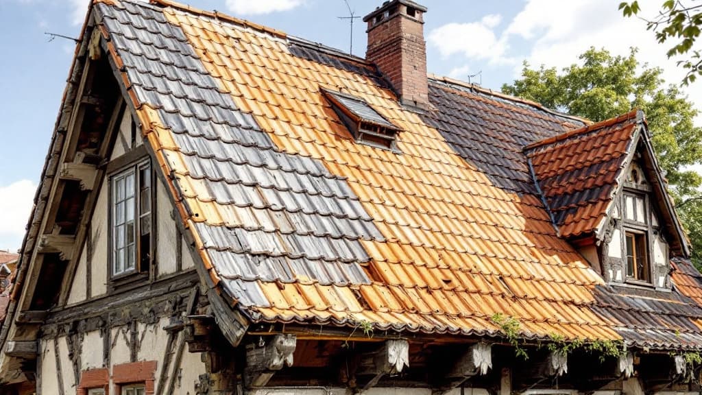 Couvreur posant des tuiles canal sur une toiture en cours de réfection dans la région toulousaine