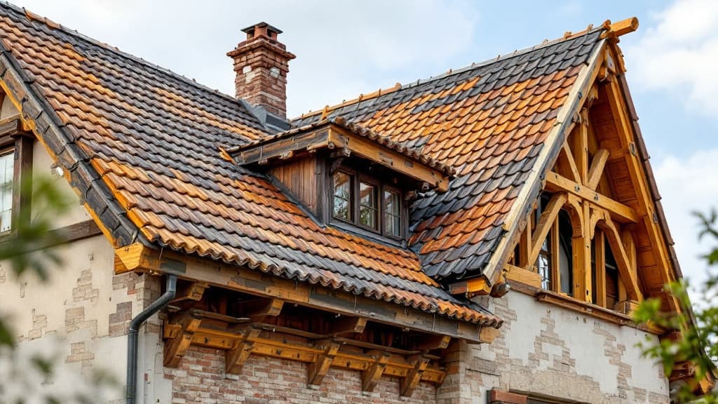 Charpentier renforçant des chevrons sur une charpente traditionnelle en bois