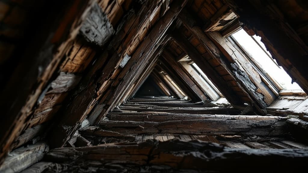 Charpente en bois ancienne d’une maison de la région toulousaine, poutres inspectées avant rénovation