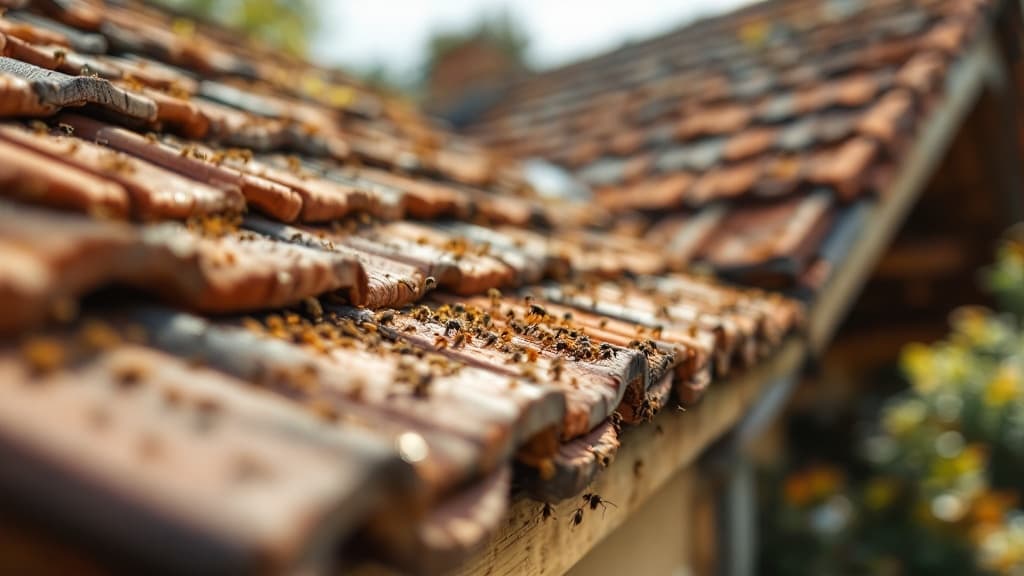 Charpente en bois présentant des galeries creusées par des insectes xylophages, avant traitement