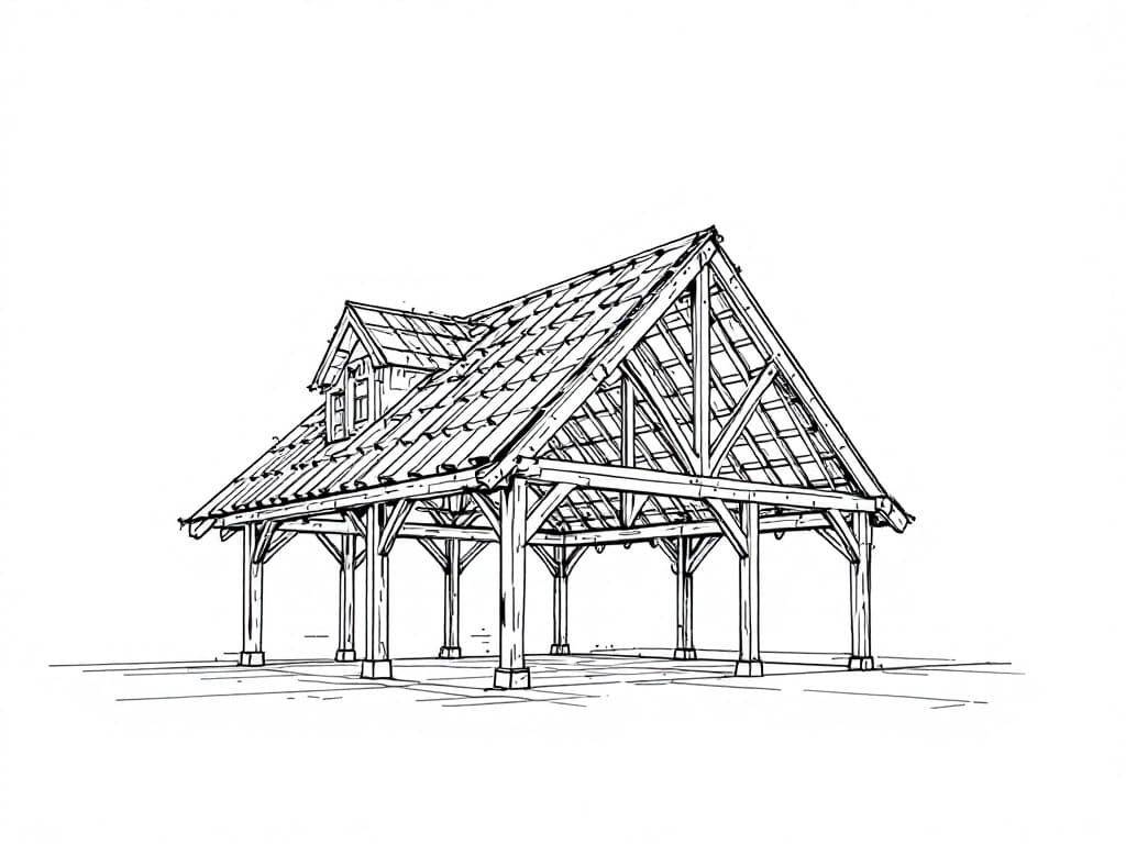 Croquis d'une réalisation de charpente à Daux